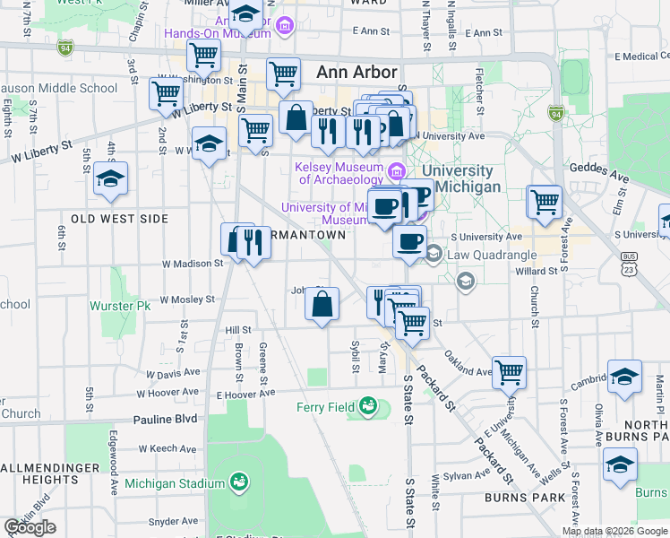 map of restaurants, bars, coffee shops, grocery stores, and more near 406 Packard Street in Ann Arbor