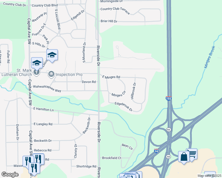 map of restaurants, bars, coffee shops, grocery stores, and more near 102 Minges Circle in Battle Creek