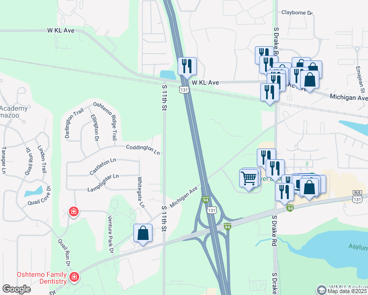 map of restaurants, bars, coffee shops, grocery stores, and more near U.S. 131 in Kalamazoo