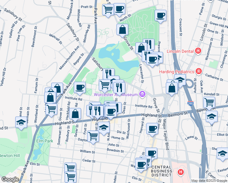map of restaurants, bars, coffee shops, grocery stores, and more near 100 Institute Road in Worcester