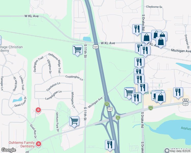 map of restaurants, bars, coffee shops, grocery stores, and more near U.S. 131 in Kalamazoo