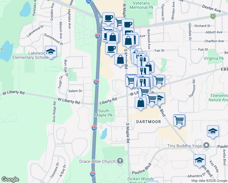 map of restaurants, bars, coffee shops, grocery stores, and more near 2610 West Liberty Road in Ann Arbor