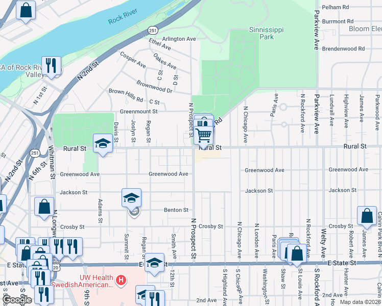 map of restaurants, bars, coffee shops, grocery stores, and more near 1635 Rural Street in Rockford