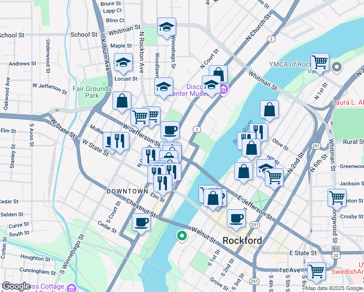 map of restaurants, bars, coffee shops, grocery stores, and more near 312 North Main Street in Rockford