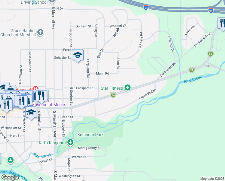 map of restaurants, bars, coffee shops, grocery stores, and more near 820 Mann Road in Marshall