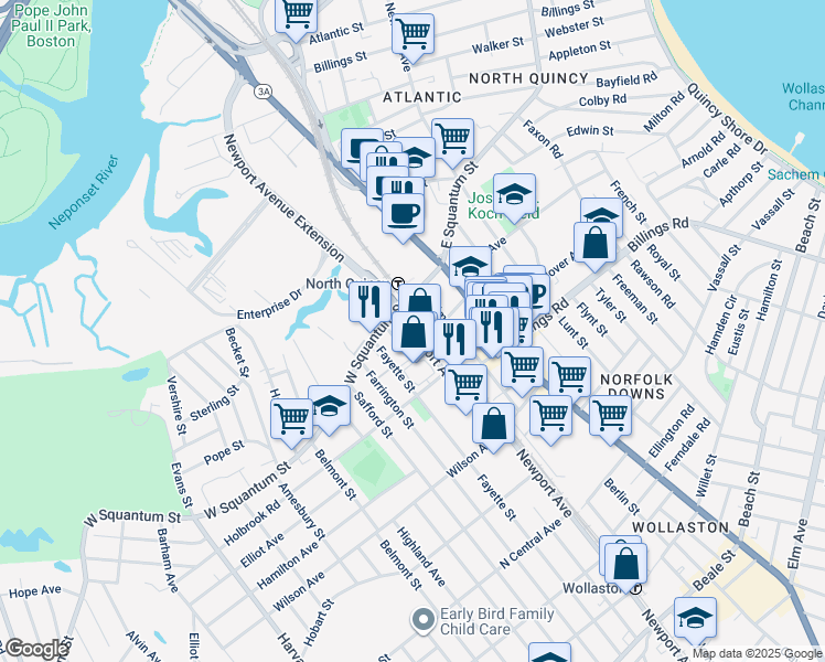 map of restaurants, bars, coffee shops, grocery stores, and more near 53 West Squantum Street in Quincy
