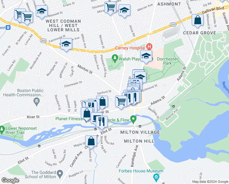 map of restaurants, bars, coffee shops, grocery stores, and more near 8 Old Morton Street in Boston