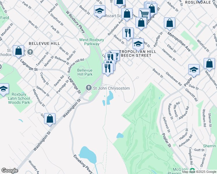 map of restaurants, bars, coffee shops, grocery stores, and more near 385 Blue Ledge Drive in Boston