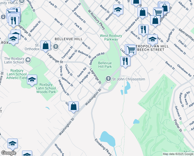 map of restaurants, bars, coffee shops, grocery stores, and more near 60 Lagrange Street in Boston