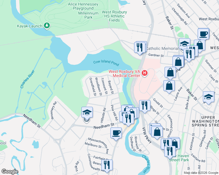 map of restaurants, bars, coffee shops, grocery stores, and more near 134 Riverside Drive in Dedham