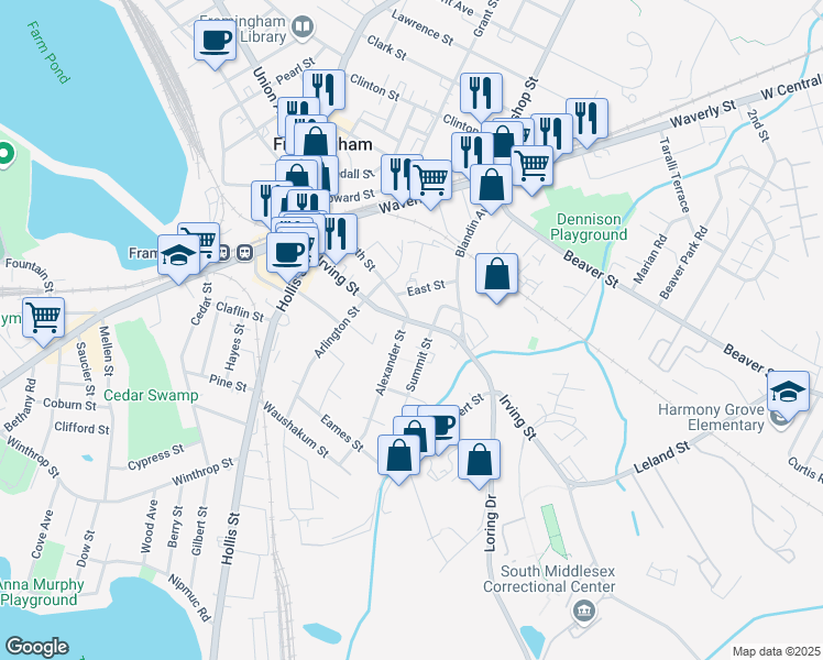 map of restaurants, bars, coffee shops, grocery stores, and more near 202C Irving Street in Framingham