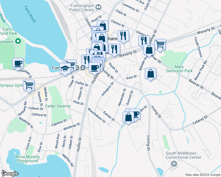 map of restaurants, bars, coffee shops, grocery stores, and more near 33 Arlington Street in Framingham