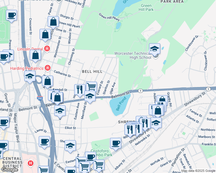 map of restaurants, bars, coffee shops, grocery stores, and more near 38 Everard Street in Worcester