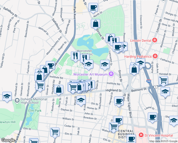 map of restaurants, bars, coffee shops, grocery stores, and more near 100 Institute Road in Worcester