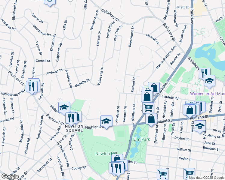 map of restaurants, bars, coffee shops, grocery stores, and more near 5 Howatson Way in Worcester