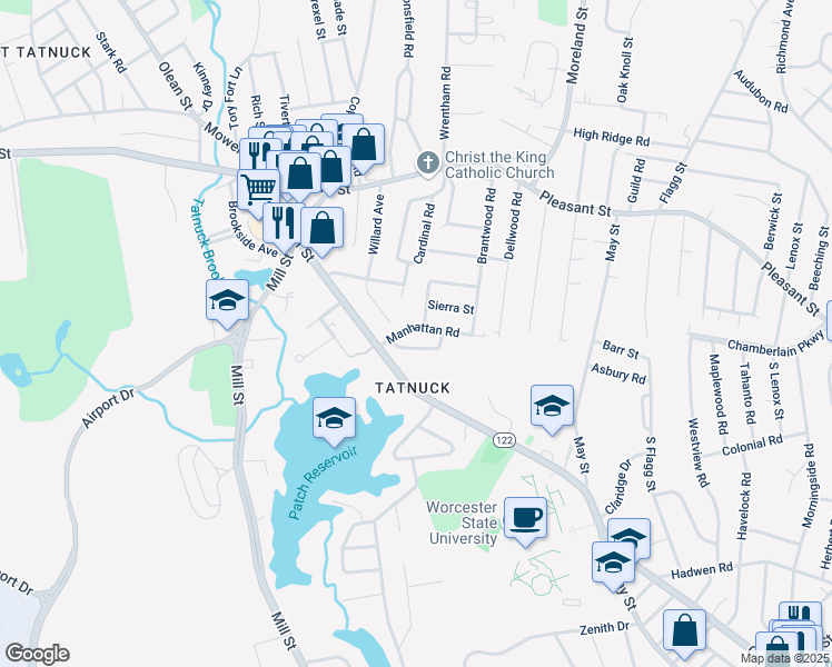 map of restaurants, bars, coffee shops, grocery stores, and more near 8 Pinnacle Street in Worcester