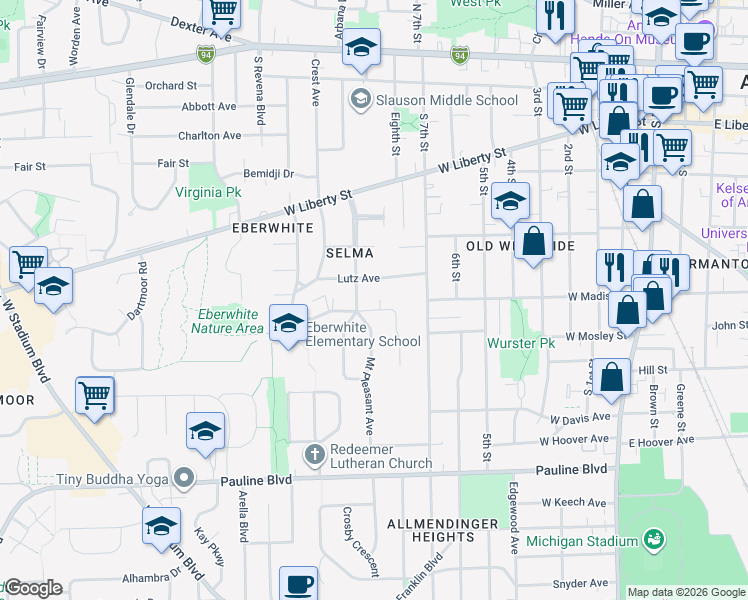 map of restaurants, bars, coffee shops, grocery stores, and more near 1107 Lutz Avenue in Ann Arbor