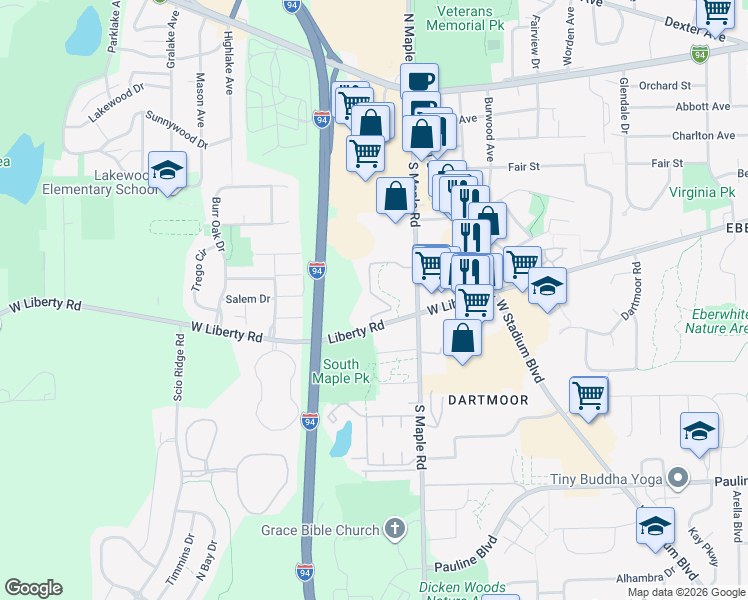 map of restaurants, bars, coffee shops, grocery stores, and more near 2610 West Liberty Road in Ann Arbor