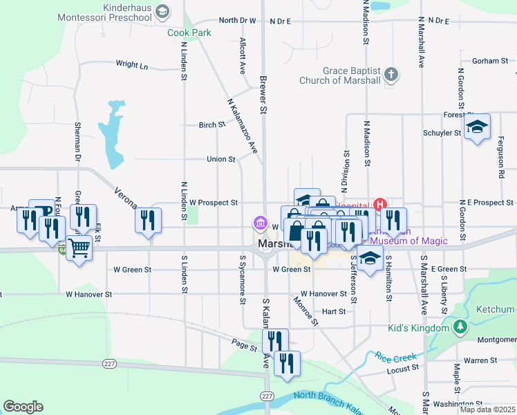 map of restaurants, bars, coffee shops, grocery stores, and more near 317 North Kalamazoo Avenue in Marshall