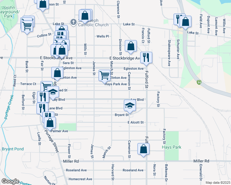 map of restaurants, bars, coffee shops, grocery stores, and more near 1704 March Street in Kalamazoo