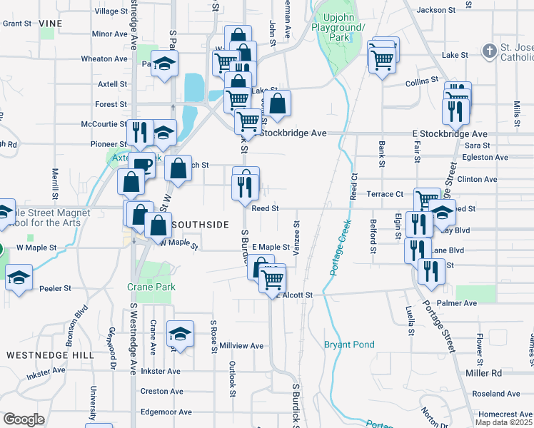 map of restaurants, bars, coffee shops, grocery stores, and more near 149 Reed Avenue in Kalamazoo
