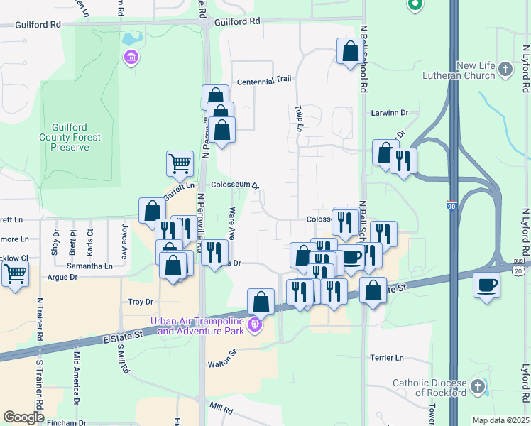 map of restaurants, bars, coffee shops, grocery stores, and more near 7230 Colosseum Drive in Rockford