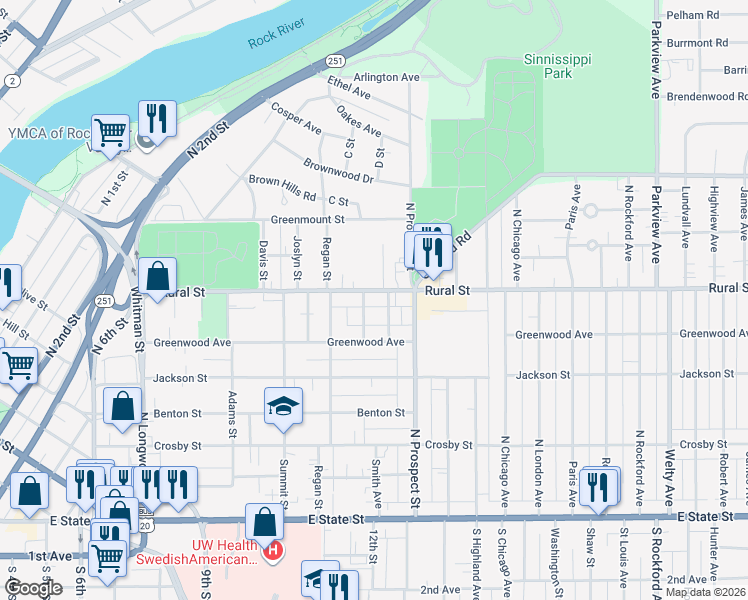 map of restaurants, bars, coffee shops, grocery stores, and more near 1604 Rural Street in Rockford