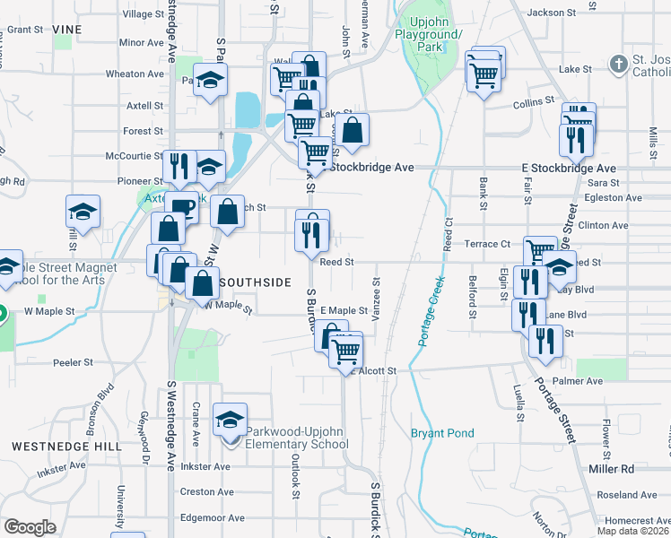 map of restaurants, bars, coffee shops, grocery stores, and more near 1717 South Burdick Street in Kalamazoo