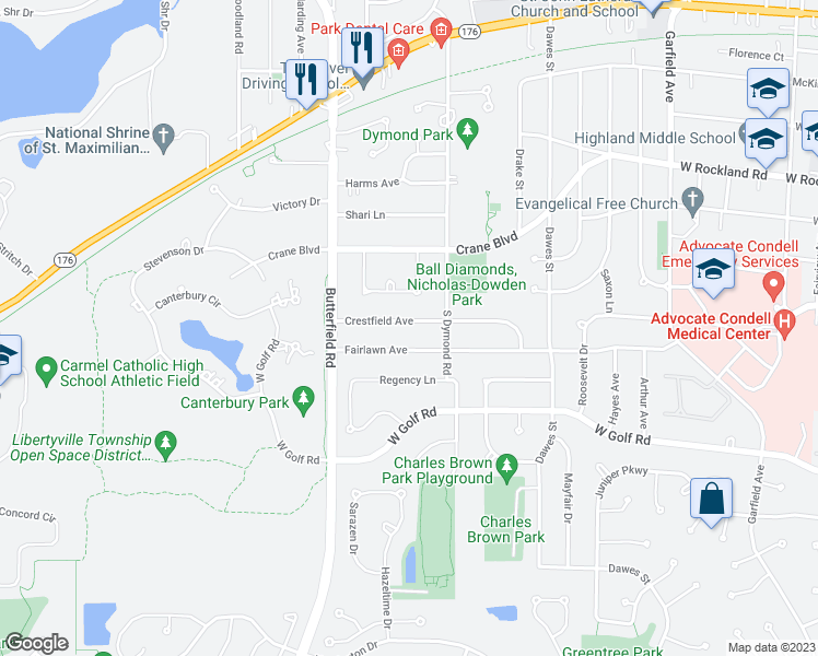 map of restaurants, bars, coffee shops, grocery stores, and more near 1027 Crestfield Avenue in Libertyville