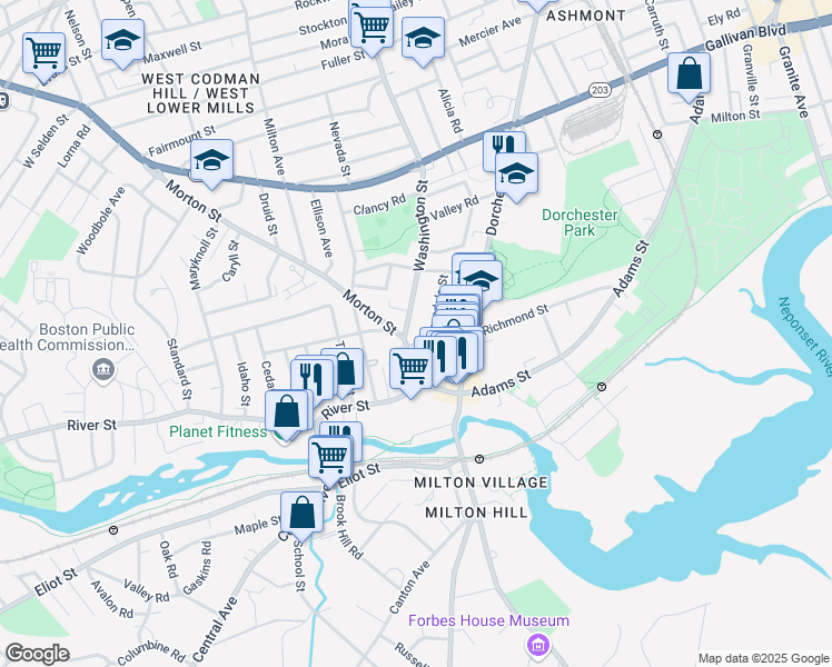 map of restaurants, bars, coffee shops, grocery stores, and more near in Boston