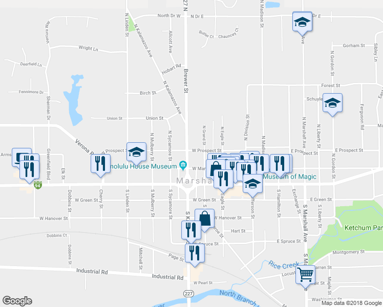 map of restaurants, bars, coffee shops, grocery stores, and more near 224 North Kalamazoo Avenue in Marshall
