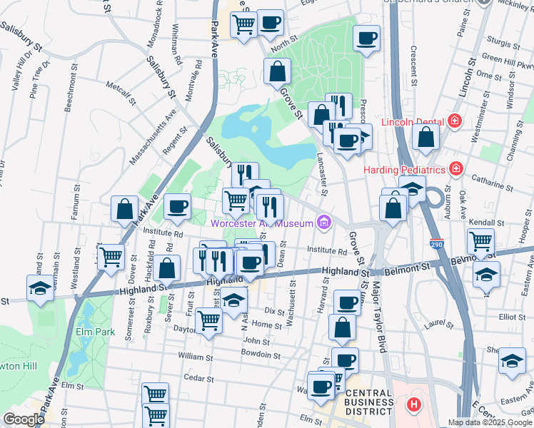 map of restaurants, bars, coffee shops, grocery stores, and more near 30 Boynton Street in Worcester