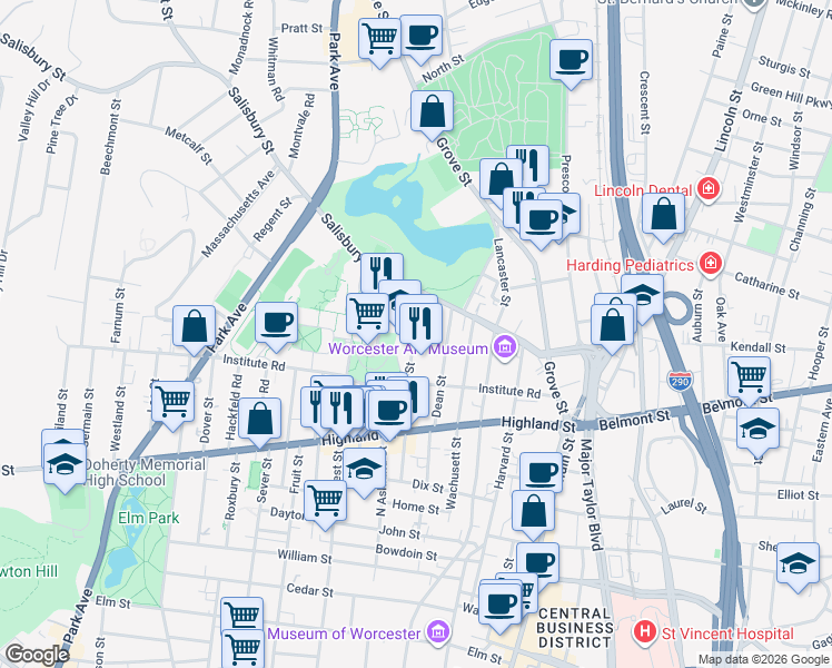 map of restaurants, bars, coffee shops, grocery stores, and more near 30 Boynton Street in Worcester