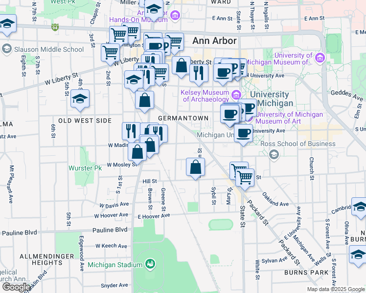map of restaurants, bars, coffee shops, grocery stores, and more near 308 East Madison Street in Ann Arbor