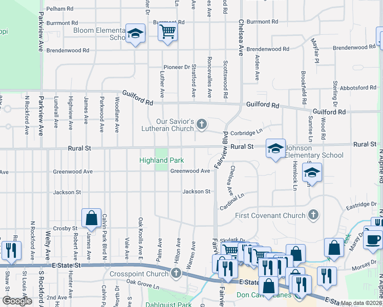 map of restaurants, bars, coffee shops, grocery stores, and more near 3303 Rural Street in Rockford