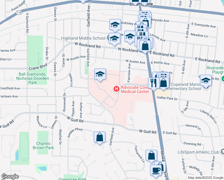 map of restaurants, bars, coffee shops, grocery stores, and more near 801 South Milwaukee Avenue in Libertyville
