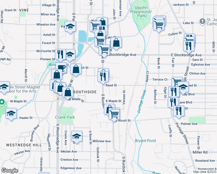 map of restaurants, bars, coffee shops, grocery stores, and more near 118 Reed Avenue in Kalamazoo