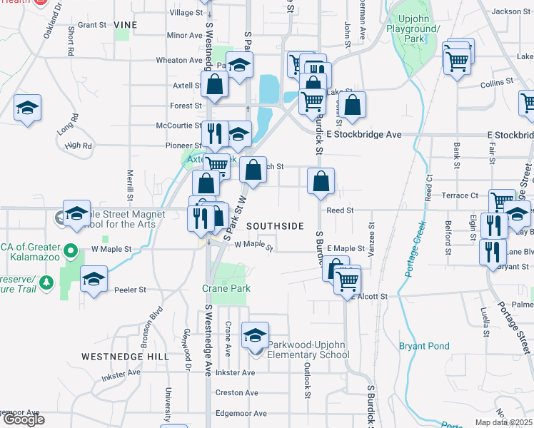 map of restaurants, bars, coffee shops, grocery stores, and more near 1714 South Park Street West in Kalamazoo