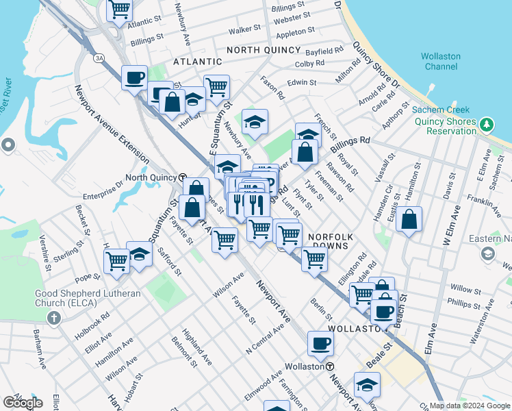 map of restaurants, bars, coffee shops, grocery stores, and more near 10 Pierce Street in Quincy