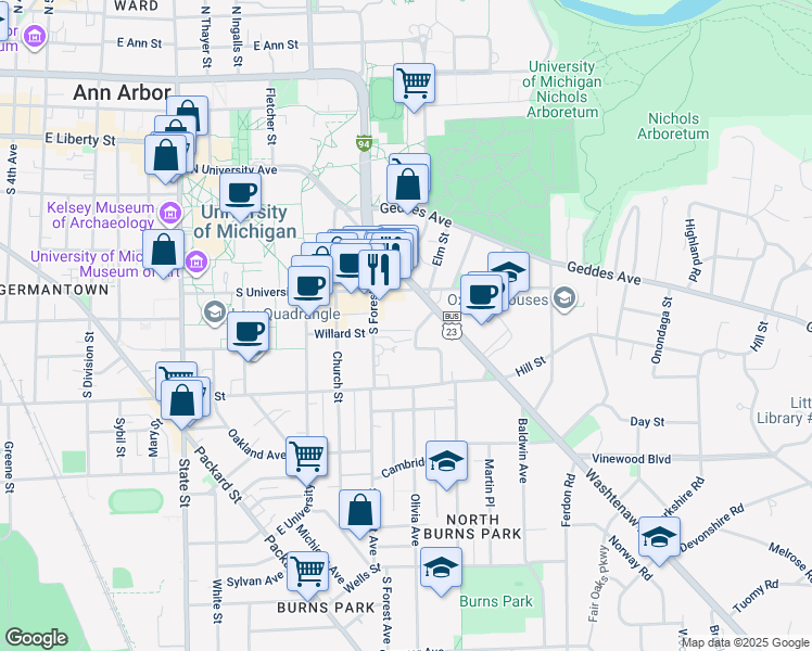 map of restaurants, bars, coffee shops, grocery stores, and more near 1327 Forest Court in Ann Arbor