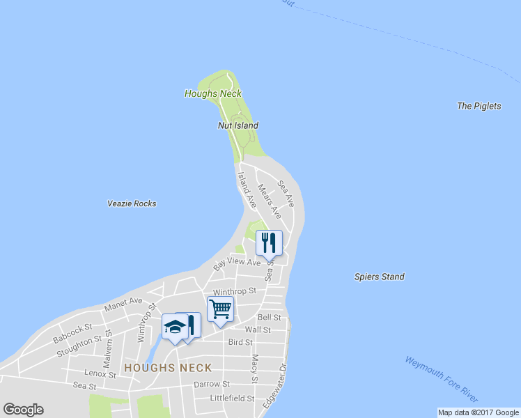 map of restaurants, bars, coffee shops, grocery stores, and more near 53 Mears Avenue in Quincy