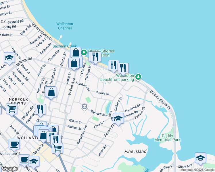 map of restaurants, bars, coffee shops, grocery stores, and more near 7 Jordan Street in Quincy