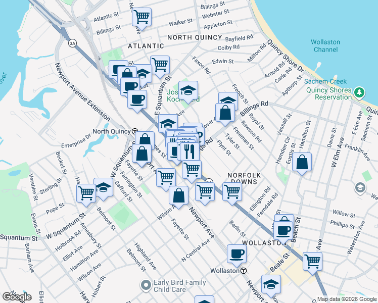 map of restaurants, bars, coffee shops, grocery stores, and more near 10 Pierce Street in Quincy