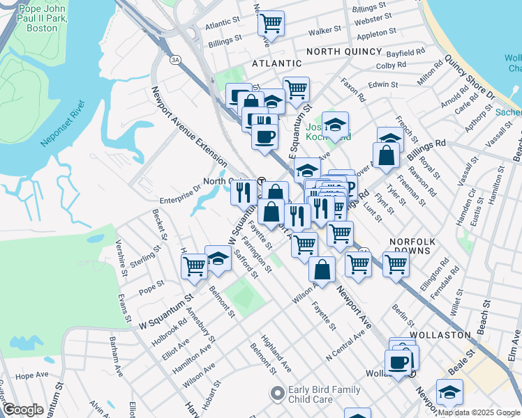 map of restaurants, bars, coffee shops, grocery stores, and more near 53 West Squantum Street in Quincy