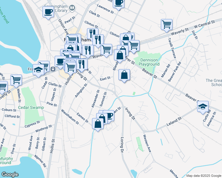 map of restaurants, bars, coffee shops, grocery stores, and more near 202C Irving Street in Framingham