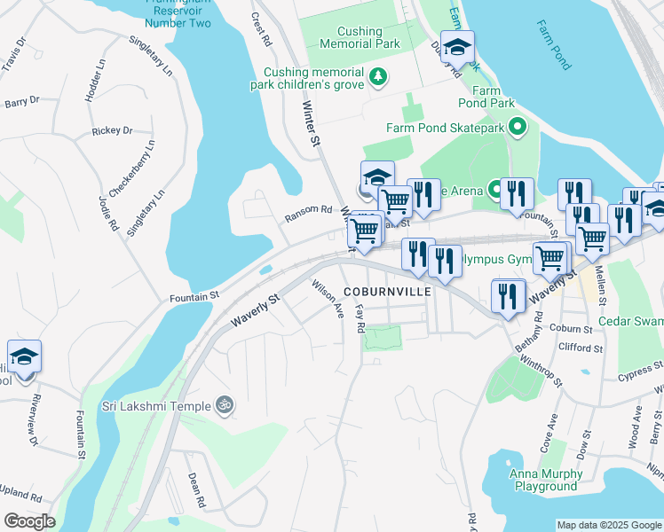 map of restaurants, bars, coffee shops, grocery stores, and more near 216B Fountain Street in Framingham