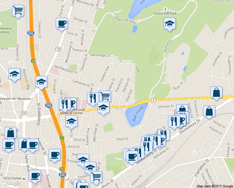 map of restaurants, bars, coffee shops, grocery stores, and more near 38 Everard Street in Worcester