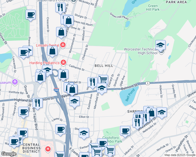 map of restaurants, bars, coffee shops, grocery stores, and more near 159 Eastern Avenue in Worcester
