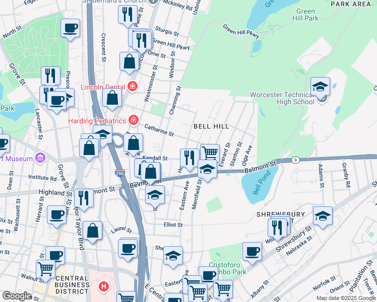 map of restaurants, bars, coffee shops, grocery stores, and more near 31 Hooper Street in Worcester