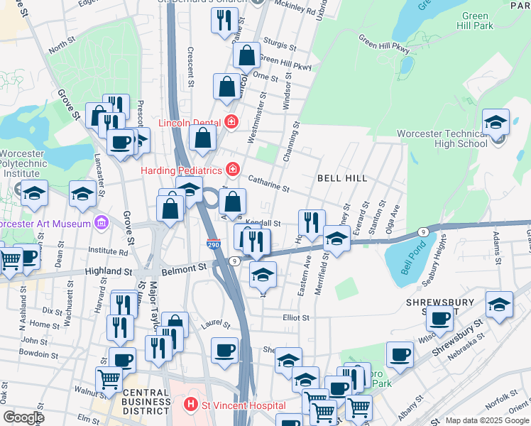 map of restaurants, bars, coffee shops, grocery stores, and more near 12A Channing Street in Worcester